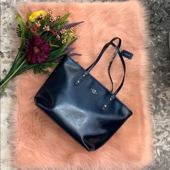 Coach Handbags - Coach Metallic Navy Blue Crossgrain City Tote